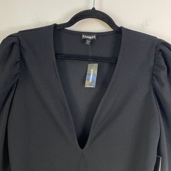 NEW Express Womens Large Black Deep V Neck Puff Sleeve Bodysuit Textured Top - Picture 8 of 10